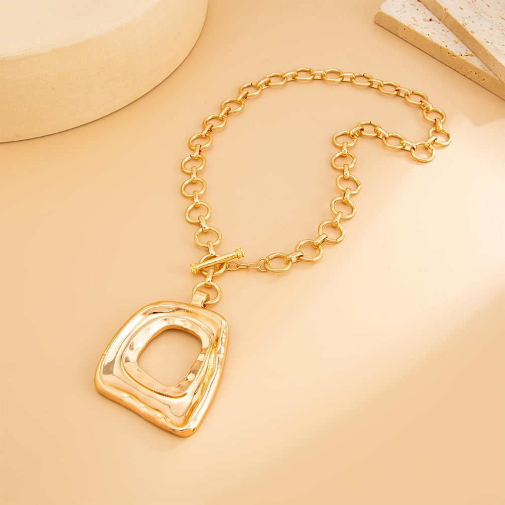 Chunky Gold Large Hollow Square Pendant Long Rope Necklaces for Women, Boho Big Silver Ethnic Style Necklace Statement Party Festival Jewelry Gifts - Image 5