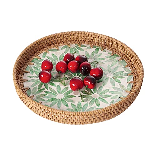 Tynulox Rundes Rattan-Tablett mit Muschelgrünem Bambusblatt-Muster, mittelgroßer südostasiatischer Stil, dekorativer Servierkorb für Esszimmer, Küche, Brot, Kaffee, Obst, rund Cover