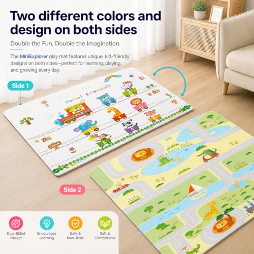 Image of MiniExplorer Double-Sided Waterproof Baby Floor Mat | Extra Large 6.5 x 4.5 ft | 8mm Thick Foam Play Mat | BPA Free, Foldable, Reversible Crawling & Tummy Time Mat for Babies & Kids - Alphabet & Train