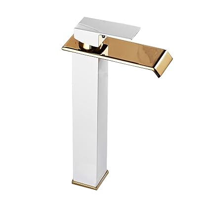 Bathroom Vessel Sink Faucet White Gold Waterfall Single Handle One Hole Bowl Sink Faucet Vanity Lavatory Faucets Tall Bath Deck Mount Basin Tap Supply Lines Hose Commercial