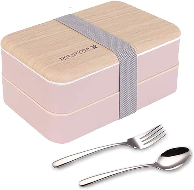 Original Bento Box Lunch Boxes Container Bundle Divider Japanese style with stainless steel Utensils spoon and fork (Pink)