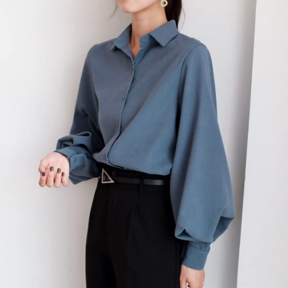 MIDJ Elegantes Lässiges Langarm-Top,Damen Satin Bluse Hemd Blau Cardigan Laterne Ärmel Langarm Seidenhemden Business Hemd Mit Knopf Sexy Party Tops Casual Arbeit Büro Bluse Für Mädchen Damen