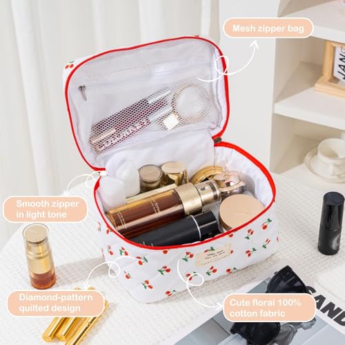 UUYUUY Makeup Bag for Women 3PCS Quilted Cotton Make Up Bag Travel Cosmetic Bag Large Makeup Bag Set Cute Makeups Organizer Floral Toiletry Pouch for Purse, Cherry