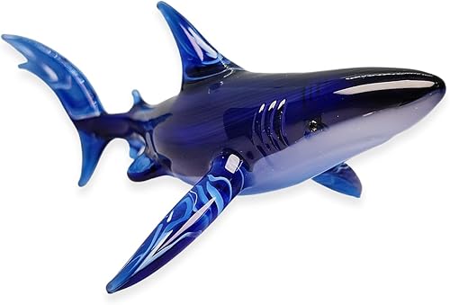 Miniatura 4 de WitnyStore Pequeña figura de tiburón azul oscuro de 5 pulgadas de largo, tiburones de vidrio soplado a mano en miniatura, vida marina, peces