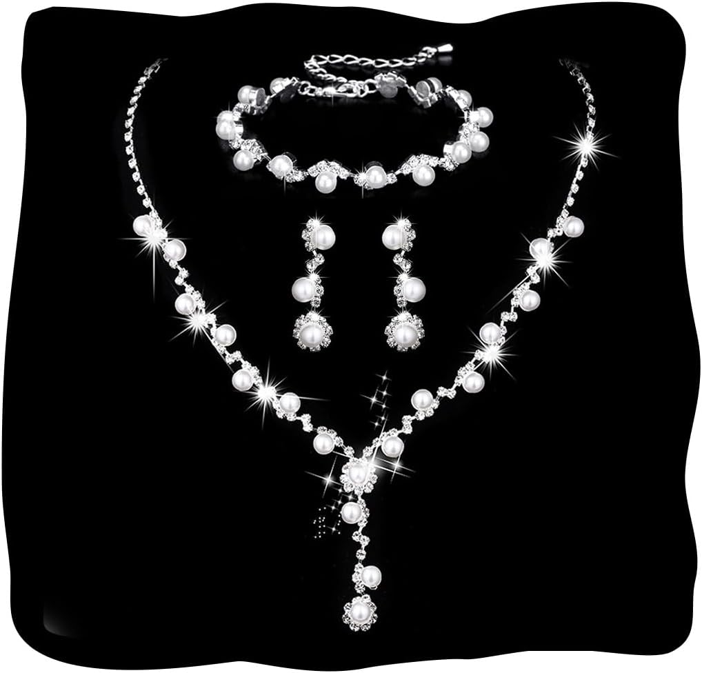 Unicra Silver Pearl Bridal Wedding Jewelry Set Rhinestone Necklace Earrings Bracelet Sets Formal Costume Jewelry for Women and Brides