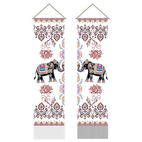 AHANDMAKER 2Pcs India Elephant Tapestry, Traditional Jaipur Elephant Vertical Tapestry Wall Hanging, Good Luck Tassel Wall Tapestries for the Living Room, Wall Art Decor Entry(45.7x13 Inch)