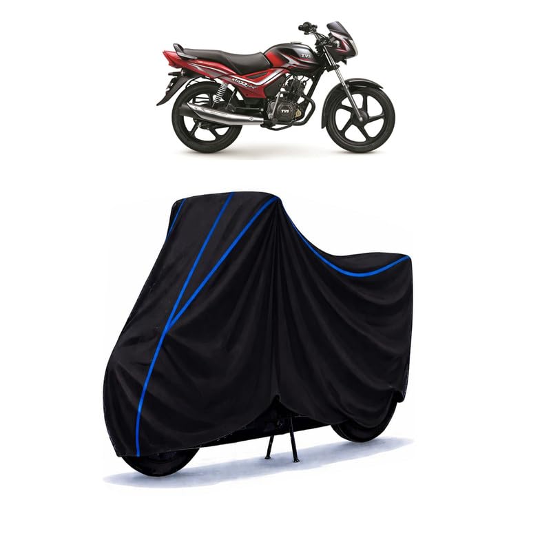Image of TVS Star City Plus Dual Tone Bike Cover Water Resistant Universal Motorcycle Rain | Heavy Duty UV Protection, Dust, Scratch Indoor Outdoor All Weather with Black Blue Piping Elastic
