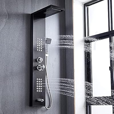 Delavin Multi Fuction Shower Panel, Shower Tower, Rainfall Waterfall Stainless Steel Shower Panel Tower System, Full Body Shower System with Body Jets, Tub Spout, Handheld Shower, Brushed Black