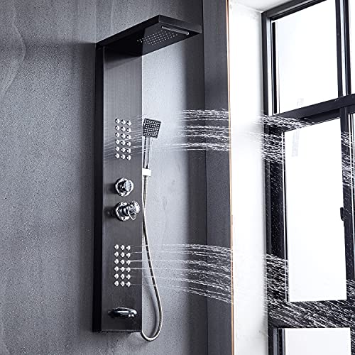 DELAVIN Shower Panel Tower System, Wall-Mount Complete Stainless Steel Shower Column, Rainfall Waterfall Shower Head Massage System with Body Jets, Tub Spout, Handheld Shower, Brushed Black