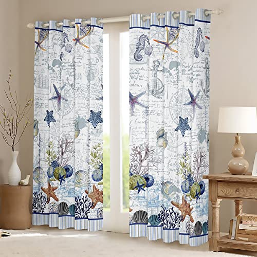 Beach Starfish Darkening Drapes Ocean Marine Themed Sailboat Curtains For Bedroom Living Room For Children Sea Creatures Curtains Coastal Nautical Room Decor (2 Panels,52 X 96 Inch) Window Treatments #TOP1