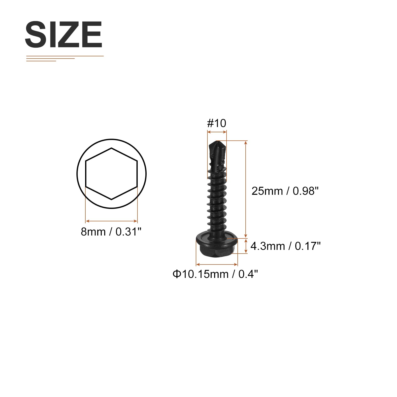 DTGN #10x1" Hex Washer Head Self Drilling Screws, 50Pack, Good for Machine, 410 Stainless Steel Black Oxide - Image 2