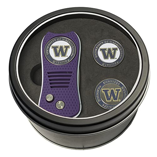 Team Golf NCAA Washington Huskies 2 Ball Markers Tin Gift Set with Retractable Divot Tool and 3 Double-Sided Magnetic Ball Markers, Patented Single Prong Design, Causes Less Damage to Greens