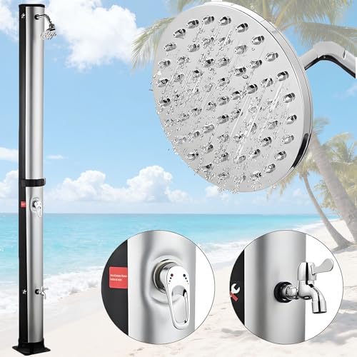 Douche solaire chauffante de 38 L – Douche de piscine extérieure de 2,1 m avec tête pivotante à 360°, douche de pied, contrôle de la température pour jardin, plage et piscine – Noir