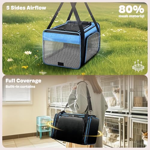 Top and 2 Sides Expandable Cat Carrier 18x11x11, TSA Airline Approved Dog Carriers for Medium Dogs, Soft-Sided Pet Carrier with Self-Locking Zippers for Kitten,Rabbit, Puppy, Blue by SHARLOVY - Used condition - Image 3