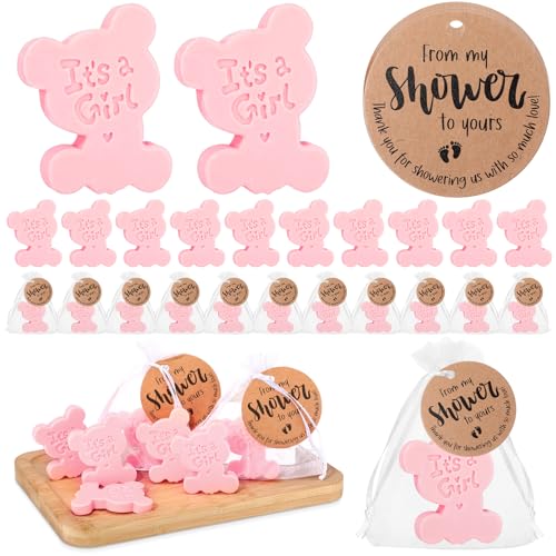 25 Sets Bear Themed Baby Shower Soap Favors for Guests Boy Girl Handmade Scented Soaps with Mini Thank You Tags and Organza Bags for Shower Gender Reveal Party Favors (Pink, It's A Girl)