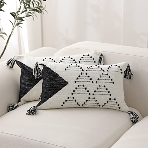Boho Wurfkissenbezüge Bauernhaus Kissenbezug 30,5 x 50,8 cm für Couch Bett, Set mit 2 Lendenwirbelkissenbezügen für Couch Sofa Wohnzimmer Schlafzimmer, Schwarz Creme Weiß Akzent Kissenbezüge Set Cover