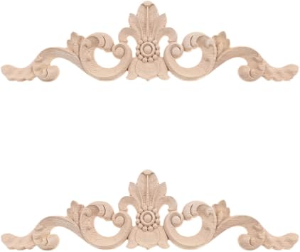 MUXSAM Wood Applique Long Flower Onlay, Decorative Wood Applique Unpainted Wooden Carved Decals Wood Carving Decor for Furniture DIY Wall Bed Cabinet Fireplace Mantel, 25x7 cm/9.84"x2.76"2Pcs