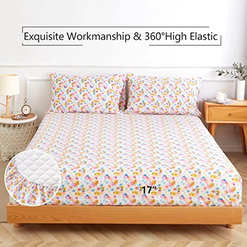 Queen Floral Sheet Set 4Pc Yellow Flower Printed Sheets For Queen Pattern Double Bed Soft Cooling Luxurious Sheets Microfiber Brushed Sheets With 17”Deep Pocket, Easy Care, Breathable, Wrinkle Free #TOP4