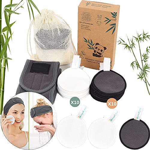 Reusable Makeup Remover Pads (20 Pack) with Washable Laundry Bag +Makeup Headband Set Organic Bamboo Fiber Cotton Pads Eco-Friendly Face Pads Cotton Rounds Cleansing Wipe Cloth for All Skin Types