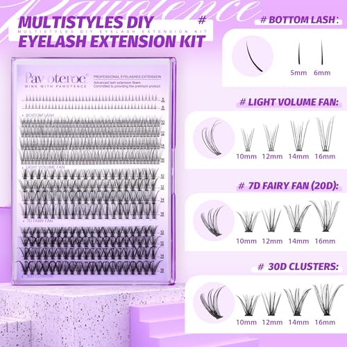 Image of Pawotence Lash Extension Kit Lash Clusters Multi-types Individual Lashes Natural Bottom, Light Volume, 20D 30D Clusters Eyelash Extension Kit with Lash Bond and Seal, Lash Applicator for Self Use