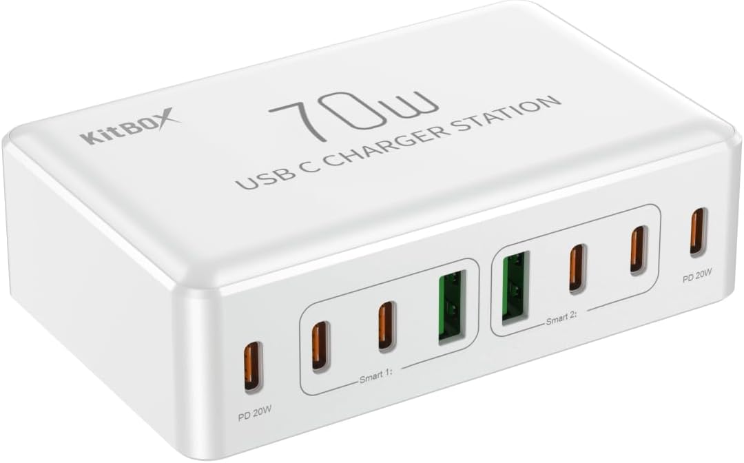 70W Multi USB Charging Station 8-Port USB C Fast Charging Block with Multiple 20W PD Type-C Socket, Multiport USBC Charger Power Adapter for iPhone 15 14 13 12 Samsung S21 A26 Pixel 7 etc