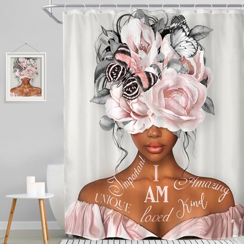 MESHELLY Black Girl Shower Curtain 72Wx84H Gray Pink Long Bathroom Curtain Peony Floral African American Motivational Quotes Bath Curtain Bathroom Accessories Decor with 12 Hooks by MESHELLY - Used condition - Image 2