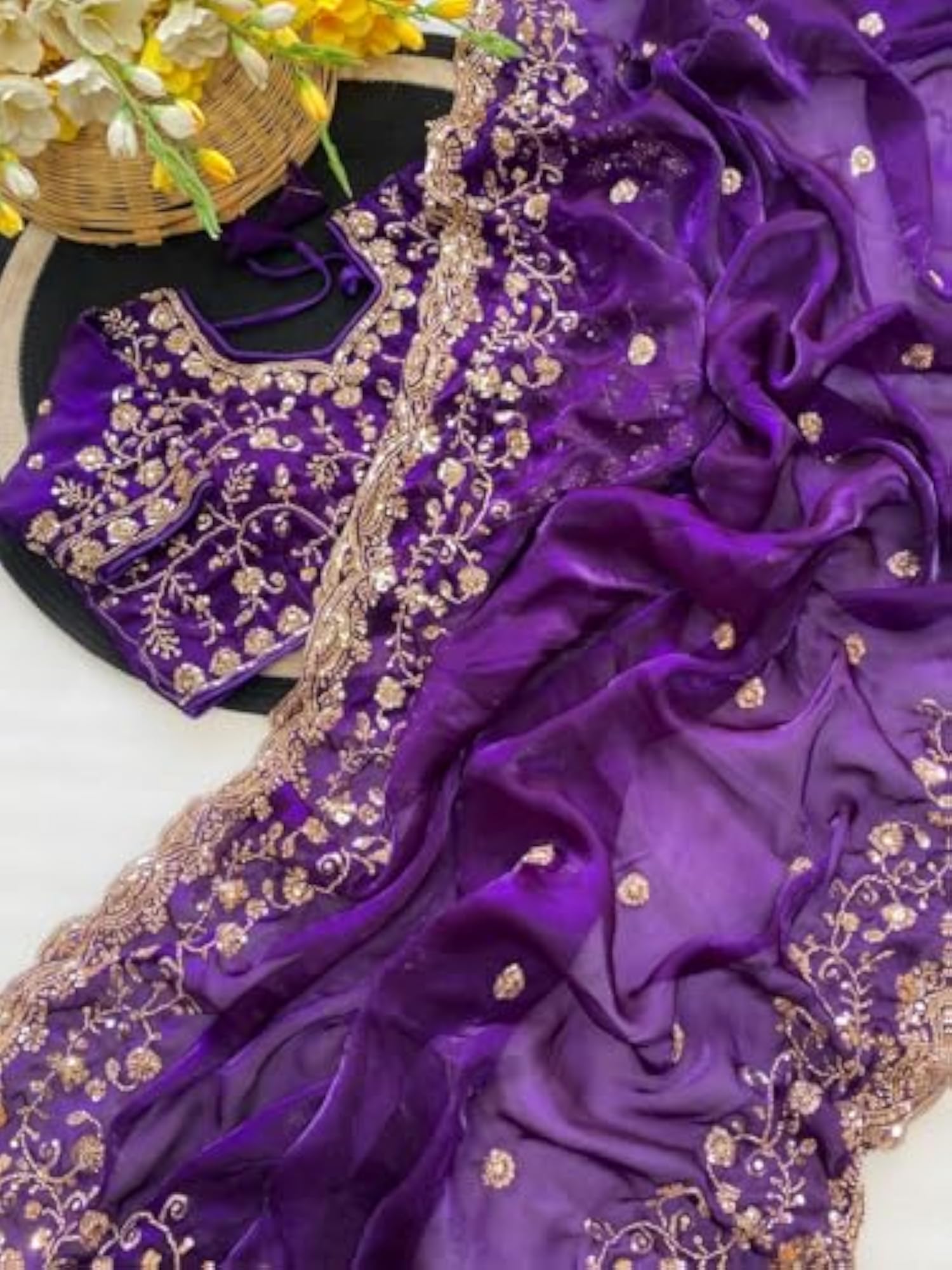Premium Space Silk Saree with Golden Beads Work & Cutwork Border