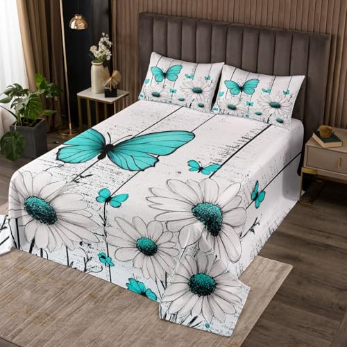 jejeloiu Farmhouse Floral Bedspread for Kids Boys Girls Queen Size White Daisy Flower and Teal Butterfly Coverlet Set Rustic Wood Board Quilted Coverlet Natural Theme Bedspread Cover Room Decor
