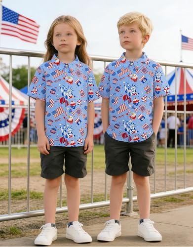 Image of 4th of July Shirts for Girls Boys American Patriotic Tshirt Kids Hawaiian Button Down Tops