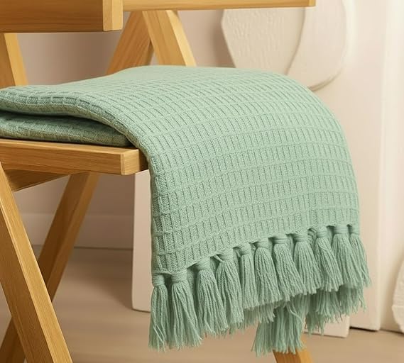 Knitted Throw Blanket, Sage Green, Waffle Weave with Tassel Fringe, Soft Cosy Wrap for Sofa or Bed-image-2
