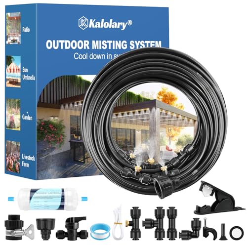 Kalolary Sistema de Nebulización Exterior 100FT para Refrigeración de Terrazas, Kit de Rociadores de Jardín, Filtro Pro y Conectores Universales de Grifo, Enfriamiento Exterior DIY para Verano