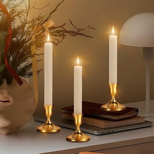3 Pcs Brass Gold Taper Candle Holders, Vintage Metal Candlestick Holders Set for Dining Table, Wedding & Party Centerpiece Decor, Fits Standard Taper Candles, Mantel & Home Decorations - Thumbnail 2