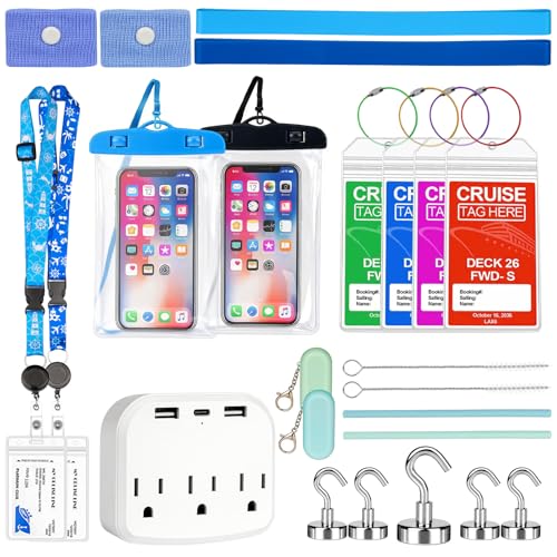 Cruise Essentials 2026-22 Pcs Cruise Must Haves Kit with Cruise-Safe Non-Surge Power Strip, Magnetic Hooks, Luggage Tags, Lanyards, Towel Bands & Waterproof Phone Pouches