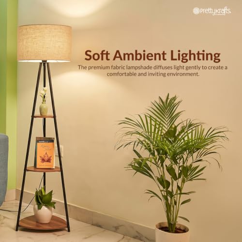 Image of PrettyKrafts Floor Lamp with 3- Tier Wooden Shelves | Modern Standing Lamp for Living Room, Bedroom & Study Room | Decorative Corner Floor Light with Storage Shelf | 140 cm (Bulb Not Included)