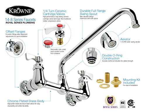 Krowne 14-812L Krowne Royal Series Faucet, Splash-Mounted, 8" Centers, 12" Swing Spout, Quarter-Turn Ceramic Cartridge Valve, Low Lead Compliant, Nsf #TOP1