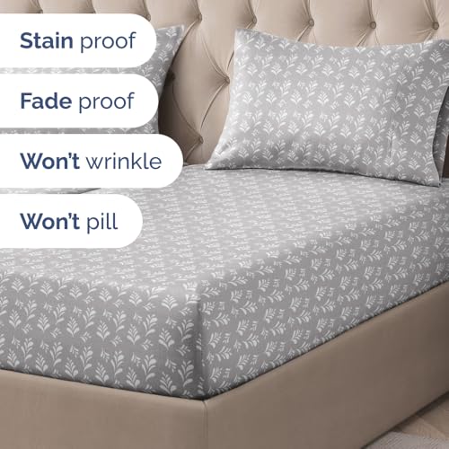 Image of Split King 5 Piece Floral Sheet Set - Breathable & Cooling - Gray Sprig