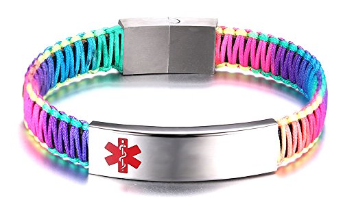 JF.JEWELRY Free Engraving Medical Alert ID Bracelet for Women with Nylon Rope Braid Wrapped Link 6.0-7.5 inches