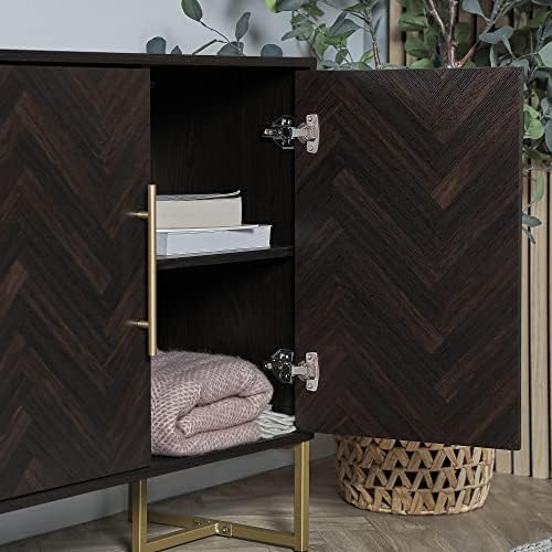 Spinningfield Sideboard Parquet Design - Cabinet w/Dark Wood Walnut Veneer - 2 Door Chevron Buffet w/Gold Handles & Legs - Modern Luxury Style Storage Credenza For Living Room, Dining Room & Lounge