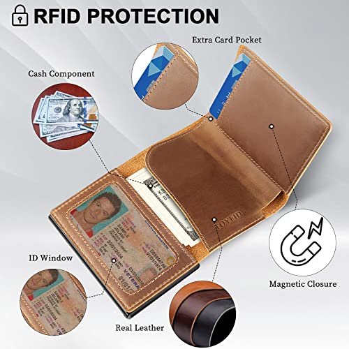 Toyfid Trifold Leather Brown Wallets For Men With Airtag Holder - Pop Up Card Holder&Id Window | Magnetic Closure Rfid Wallets - Full Grain Leather Credit Card Wallet With 10 Card Capacity #TOP2