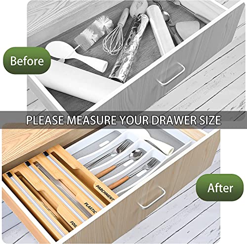Dcigna Bamboo Plastic Wrap Dispenser With Cutter And Labels, 3 In 1 Aluminum Foil Dispenser For Drawer, Foil And Plastic Wrap Dispenser With Cutter Wall Mounted, Compatible With 12" Roll #TOP1
