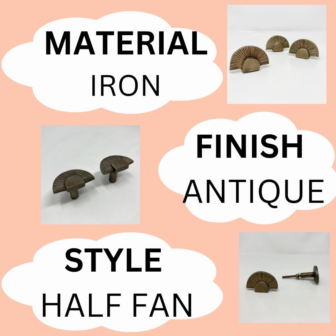 Antique Brass. Art Deco Half Fan Knob Iron Knob, Kitchen Knob, Vintage Fan Knob Cabinet Pull
