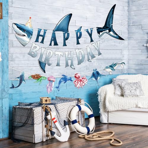 Image of Hooqict Ocean Birthday Party Decorations Shark Happy Birthday Banner Garland Sea Ocean Party Banner for Kids Boys Under The Sea Animal Themed Party Decorations