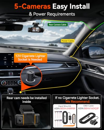 Image of IIWEY N9 360 5 Channel Dash Cam, Free 128GB Card, 12 IR LEDs Night Vision