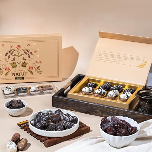 Image of NATUF Dates Chocolate Gift Box - White & Dark Chocolate Coated Dates | Luxurious Middle Eastern Treat | Premium Chocolate Dates Sweet Gift Box for Gifting & Snacking | 100% Plant-Based Healthy Snack | 4 Pcs (68g)