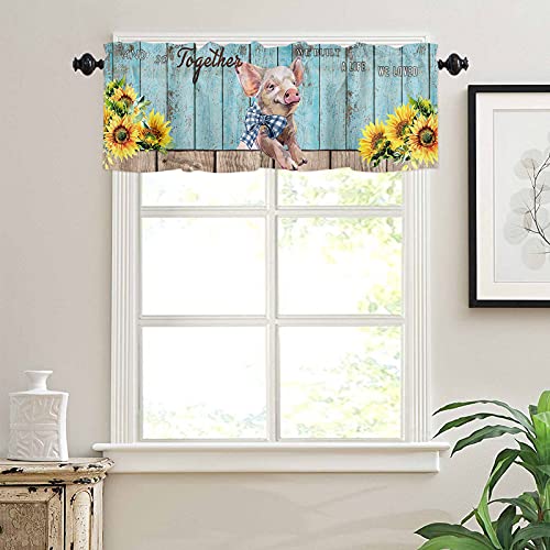 Valance For Window - Window Toppers Curtain Valance Rod Pocket Funny Pig With Sunflower On Vintage Shabby Chic Wooden Window Treatment For Living Room/ Bedroom/ Farmhouse, 52" W X 18" L, 1 Panel #TOP2