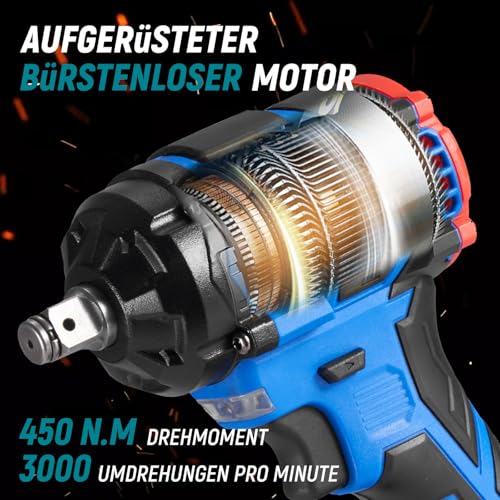 Yofidra Accu-slagschroevendraaier 450 N.m met 2 accu's, 1/2 inch borstelloze elektrische slagschroevendraaier, 3-speed draaislagschroevendraaier voor huis en auto met 4 dopsleutels 17/19/21/22 mm, - Afbeelding 3