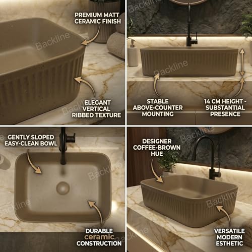 Image of Backline Ceramic Tabletop Wash Basin for Bathroom | Matt Finish Rectangle Countertop Vessel Sink for Dining Hall & Vanity | Size: 50 x 34 x 14 cm (Coffee Brown)