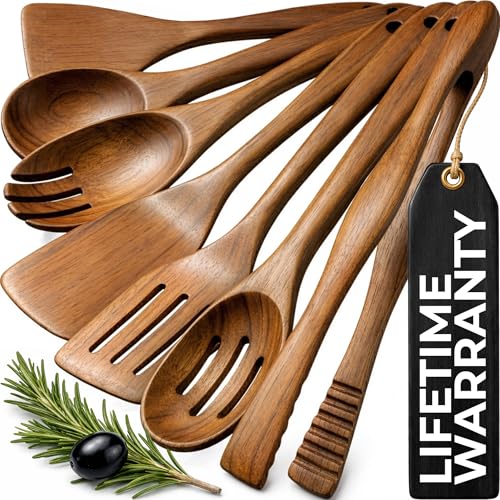 Image of Zulay Kitchen Teak Wood Utensil Set - 7 Piece Wooden Cooking Utensils - Slotted Spoon, Bowl Scraper, Solid & Slotted Turner, Salad Spoon, Fork & Tongs - Durable, Nonstick Safe & Smooth Finish