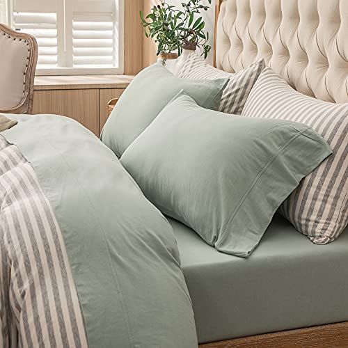 PURE ERA Jersey Knit 4pc Bed Sheet Set 100% T-Shirt Cotton Super Soft Comfy Breathable Fits Mattress Up to 20" Extra Deep Pocket (Solid Sage Green, Cal King)
