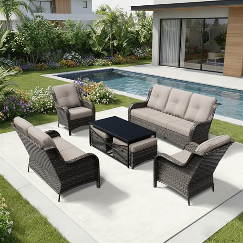 Image of Joyside 7 Piece Wicker Patio Furniture Set, Rattan Patio Chairs with High Back, Deep Seating, Wide Armrest, Thickened Cushions, Outdoor Furniture for Deck, Porch Use